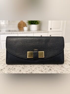Chloé Lily Wallet Black Continental Leather Flap, Gold-toned Ribbon